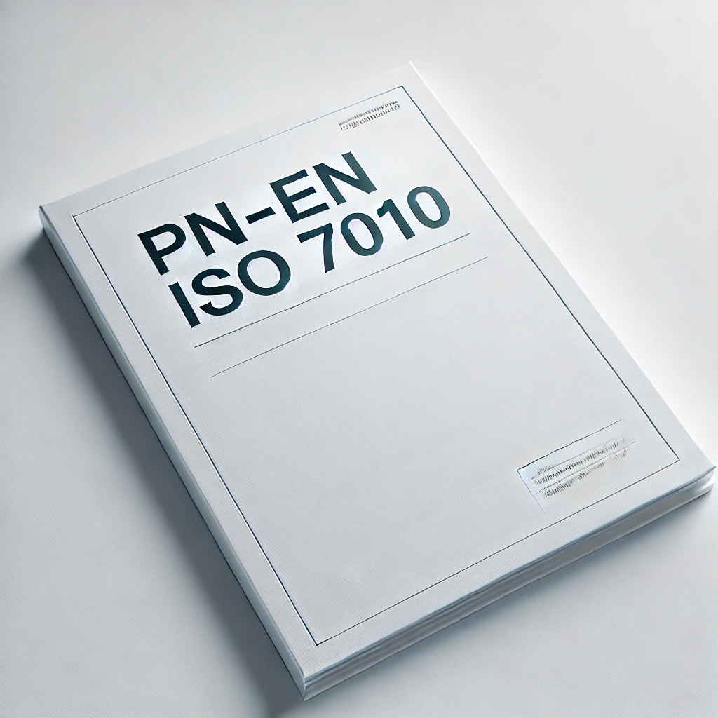 Obraz przedstawia dokument z napisem „PN-EN ISO 7010” na białym tle, symbolizujący oficjalną normę dotyczącą oznakowania bezpieczeństwa i ewakuacji.