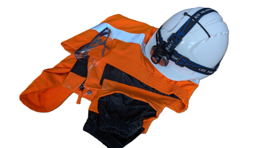 A set of construction safety gear including a white hard hat with a headlamp, an orange high-visibility jacket, and protective safety glasses.