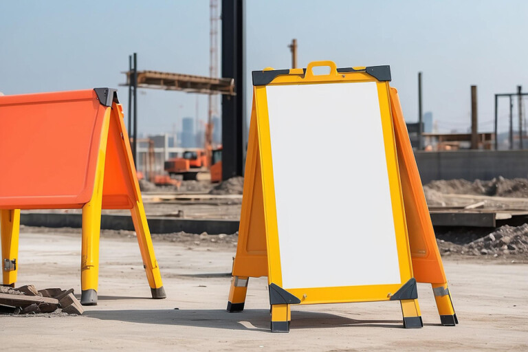 A blank yellow construction site warning board standing on a dusty surface with an orange safety barrier in the background at an active construction site.