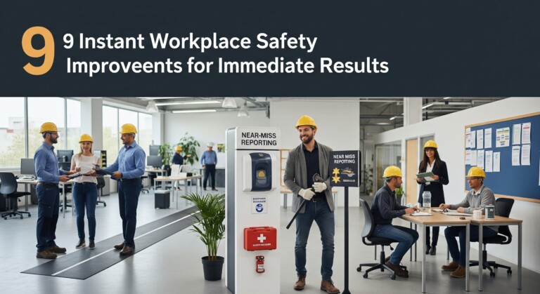 Visual examples of 9 instant workplace safety tips for immediate improvement, showcasing clear communication, hazard spotting, satety notice boards and organized work areas.