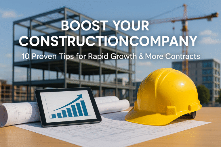 Image illustrating 'Boost Your UK Construction Company: 10 Proven Tips'. Features blueprints, a financial growth graph on a tablet, and a modern UK construction site in the background, symbolizing rapid growth and securing more contracts in the construction industry.